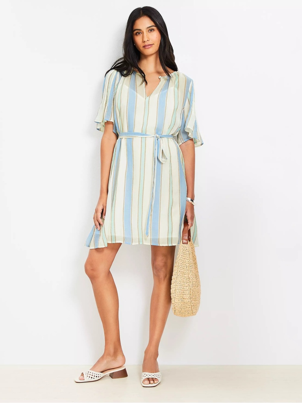 LOFT Striped Wrap Dress Flutter Sleeve Tie Waist Size Medium